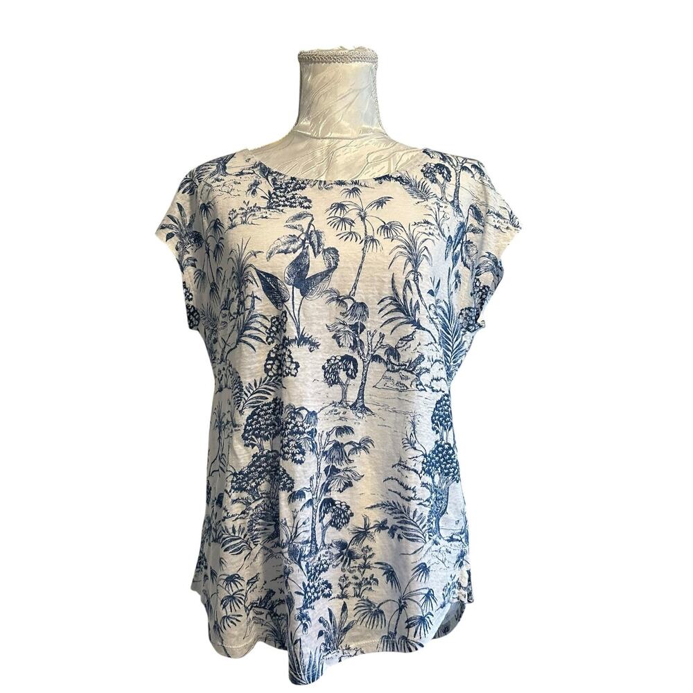 Blue White Linen Tropical Toile Print Cap Sleeve Top Coastal Grandmother S - Picture 2 of 13